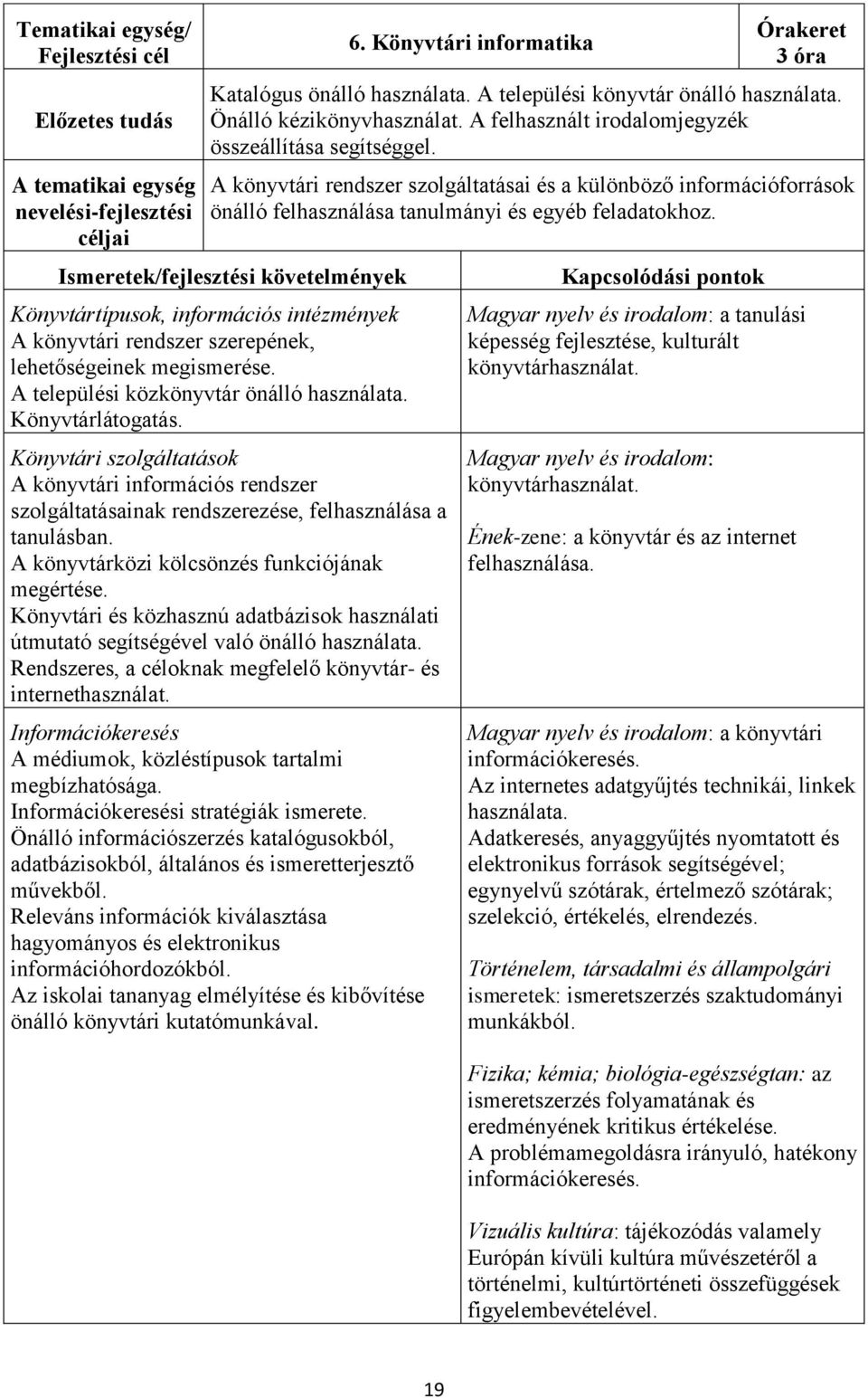 A könyvtári rendszer szolgáltatásai és a különböző információforrások önálló felhasználása tanulmányi és egyéb feladatokhoz.