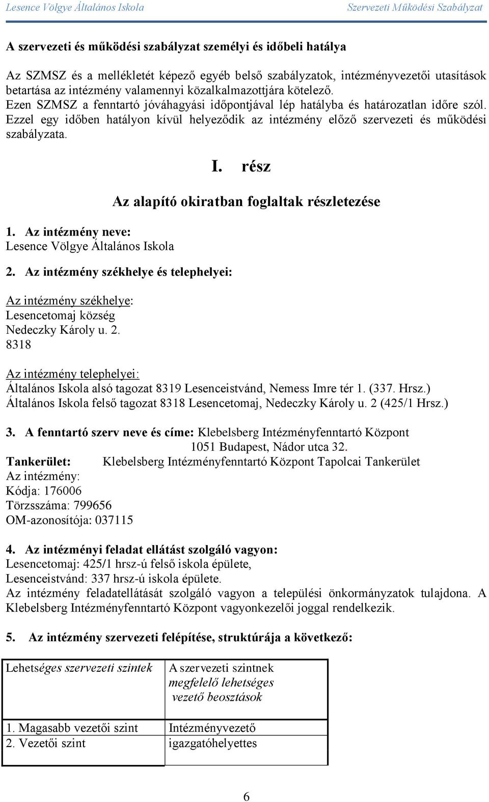 Ezzel egy időben hatályon kívül helyeződik az intézmény előző szervezeti és működési szabályzata. 1. Az intézmény neve: Lesence Völgye Általános Iskola I.