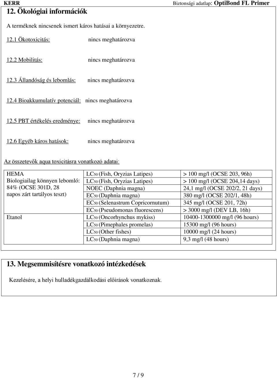 6 Egyéb káros hatások: nincs meghatározva Az összetevők aqua toxicitásra vonatkozó adatai: HEMA LC50 (Fish, Oryzias Latipes) > 100 mg/l (OCSE 203, 96h) Biologiailag könnyen lebomló: LC50 (Fish,