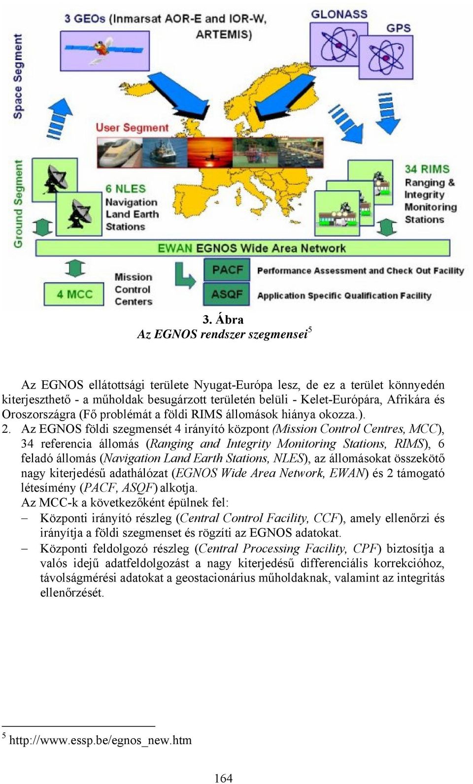 Az EGNOS földi szegmensét 4 irányító központ (Mission Control Centres, MCC), 34 referencia állomás (Ranging and Integrity Monitoring Stations, RIMS), 6 feladó állomás (Navigation Land Earth Stations,