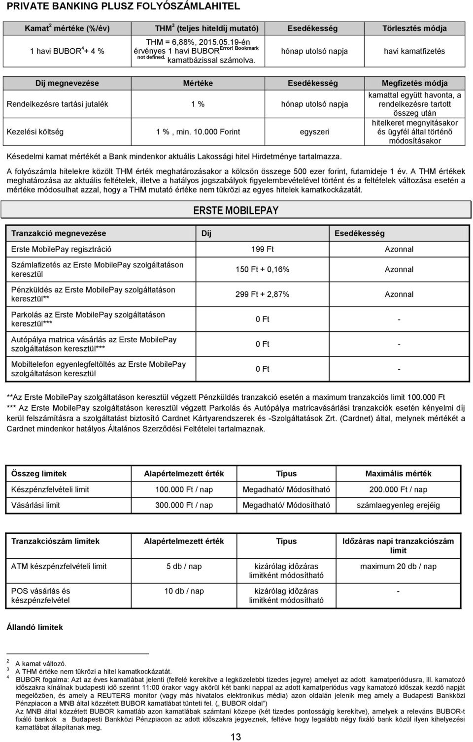 Bookmark hónap utolsó napja havi kamatfizetés Díj megnevezése Mértéke Esedékesség Megfizetés módja Rendelkezésre tartási jutalék 1 % hónap utolsó napja Kezelési költség 1 %, min. 10.