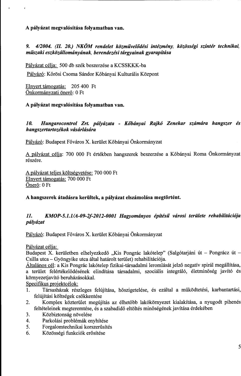 Kőbányai Kulturális Központ Elnyert támogatás: 205 400 Ft Önkormányzati önerő: O Ft A pályázat megvalósítása folyamatban van. 10. Hungarocontrol Zrt.