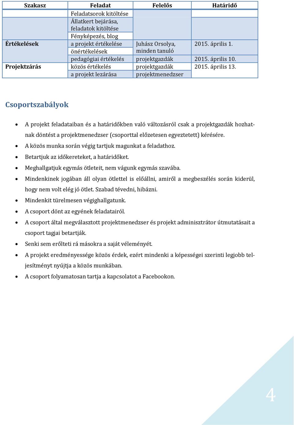 a projekt lezárása Csoportszabályok A projekt feladataiban és a határidőkben való változásról csak a projektgazdák hozhatnak döntést a (csoporttal előzetesen egyeztetett) kérésére.