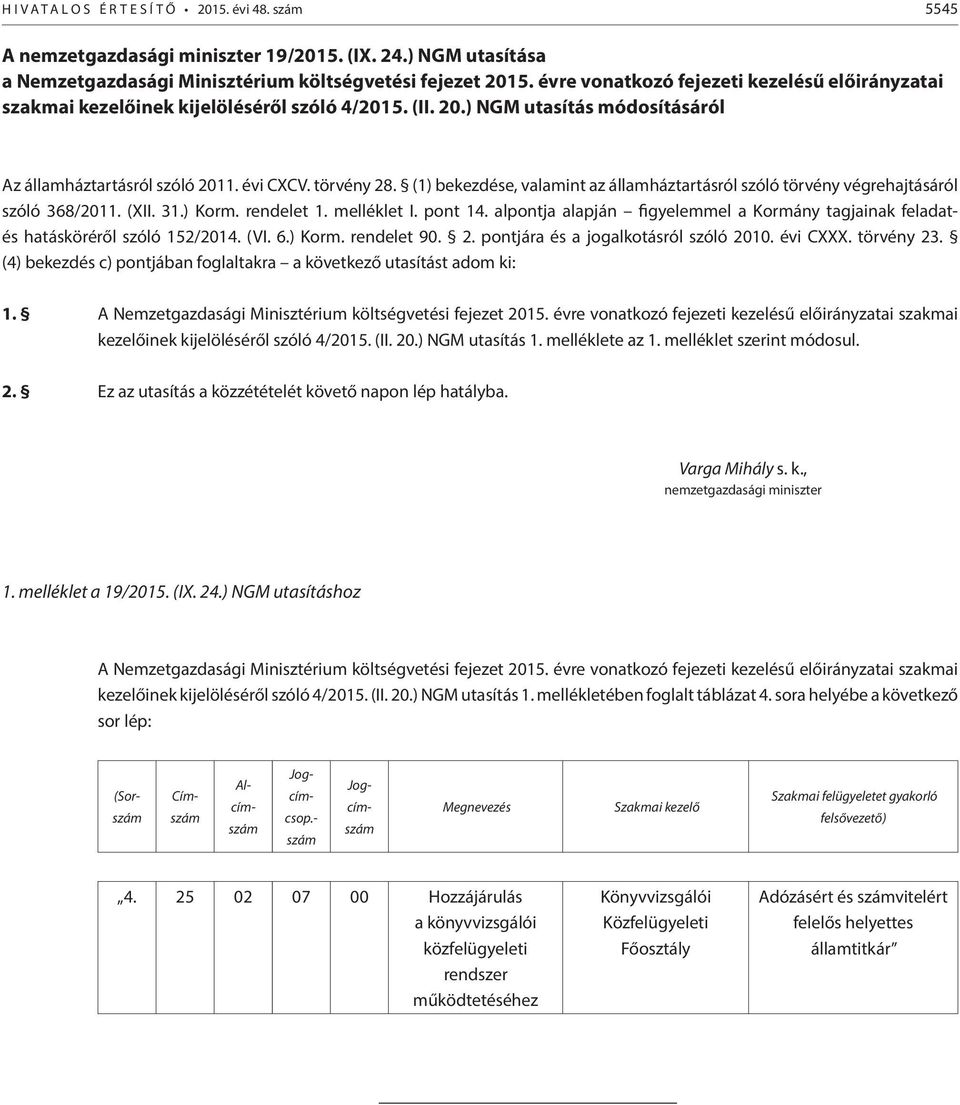 (1) bekezdése, valamint az államháztartásról szóló törvény végrehajtásáról szóló 368/2011. (XII. 31.) Korm. rendelet 1. melléklet I. pont 14.