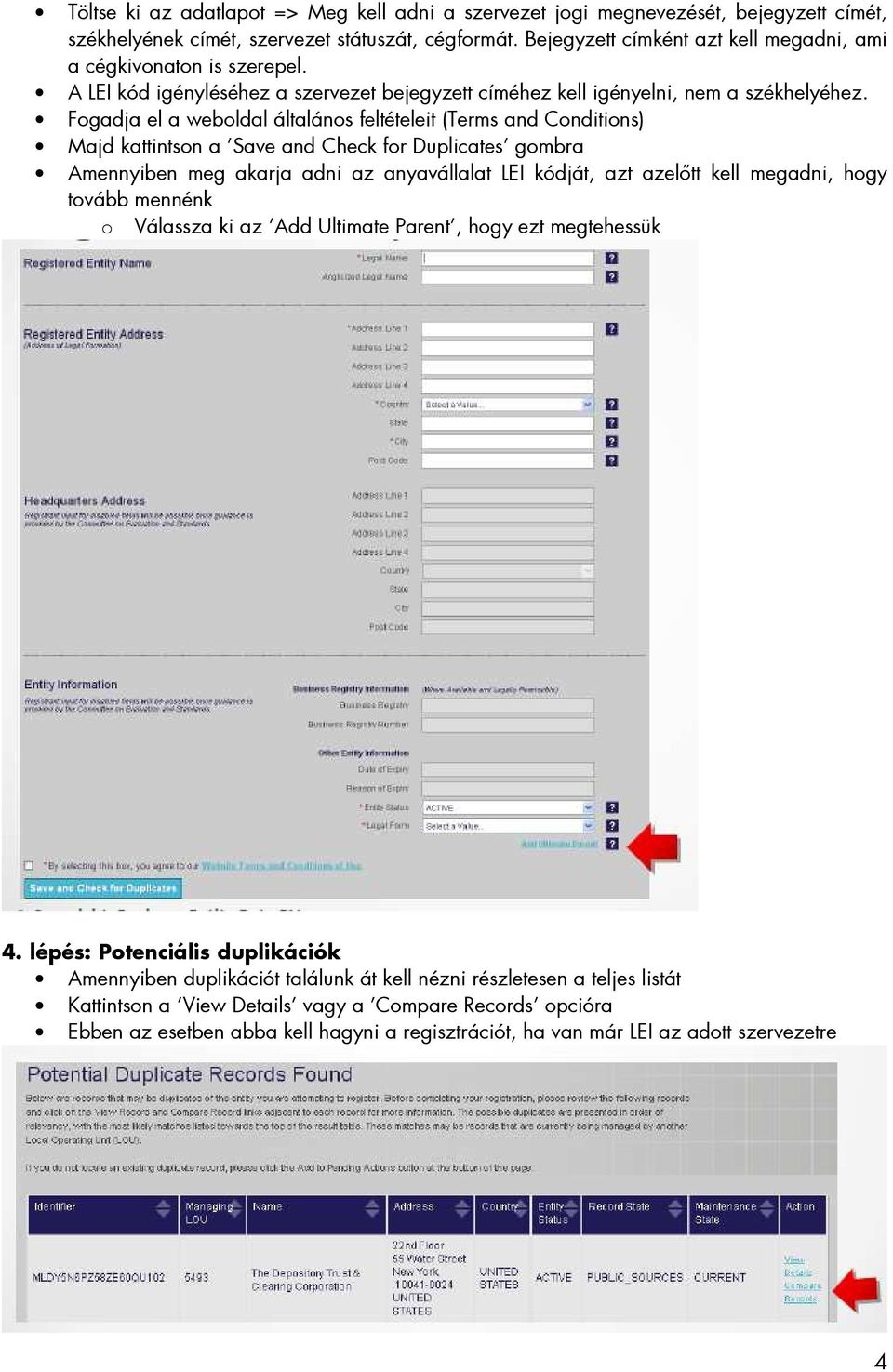 Fogadja el a weboldal általános feltételeit (Terms and Conditions) Majd kattintson a Save and Check for Duplicates gombra Amennyiben meg akarja adni az anyavállalat LEI kódját, azt azelıtt kell