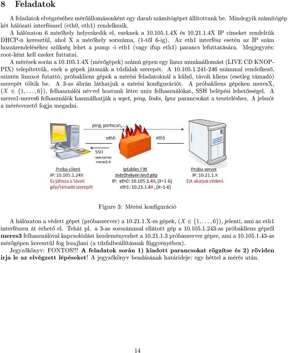 Az eth1 interfész esetén az IP szám hozzárendeléséhez szükség lehet a pump -i eth1 (vagy ifup eth1) parancs lefuttatására. Megjegyzés: root-ként kell ezeket futtatni. A mérések során a 10.105.1.4X (mér gépek) számú gépen egy linux munkaállomást (LIVE CD KNOP- PIX) telepítettük, ezek a gépek játsszák a t zfalak szerepét.