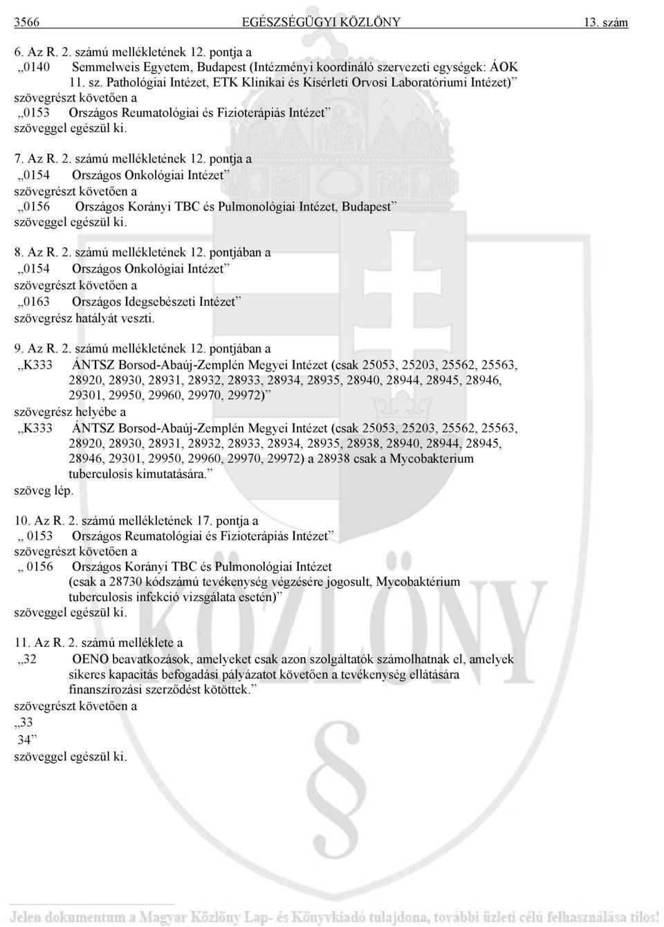 7. Az R. 2. számú mellékletének 12. pontja a 0154 Országos Onkológiai Intézet szövegrészt követően a 0156 Országos Korányi TBC és Pulmonológiai Intézet, Budapest szöveggel egészül ki. 8. Az R. 2. számú mellékletének 12. pontjában a 0154 Országos Onkológiai Intézet szövegrészt követően a 0163 Országos Idegsebészeti Intézet szövegrész hatályát veszti.