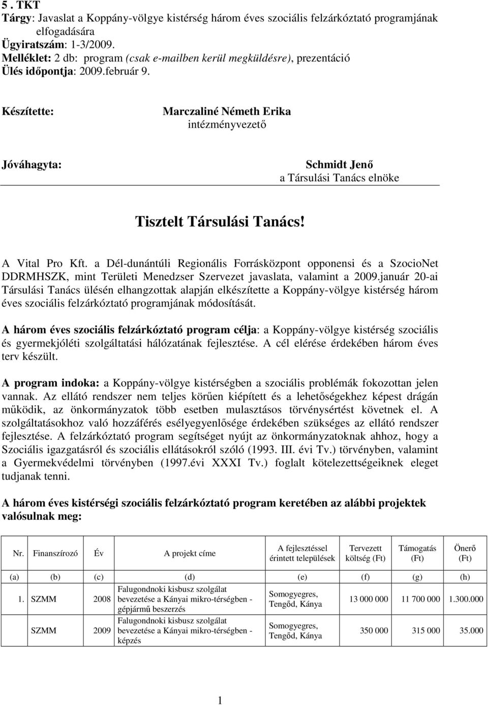 Készítette: Marczaliné Németh Erika intézményvezető Jóváhagyta: Schmidt Jenő a Társulási Tanács elnöke Tisztelt Társulási Tanács! A Vital Pro Kft.