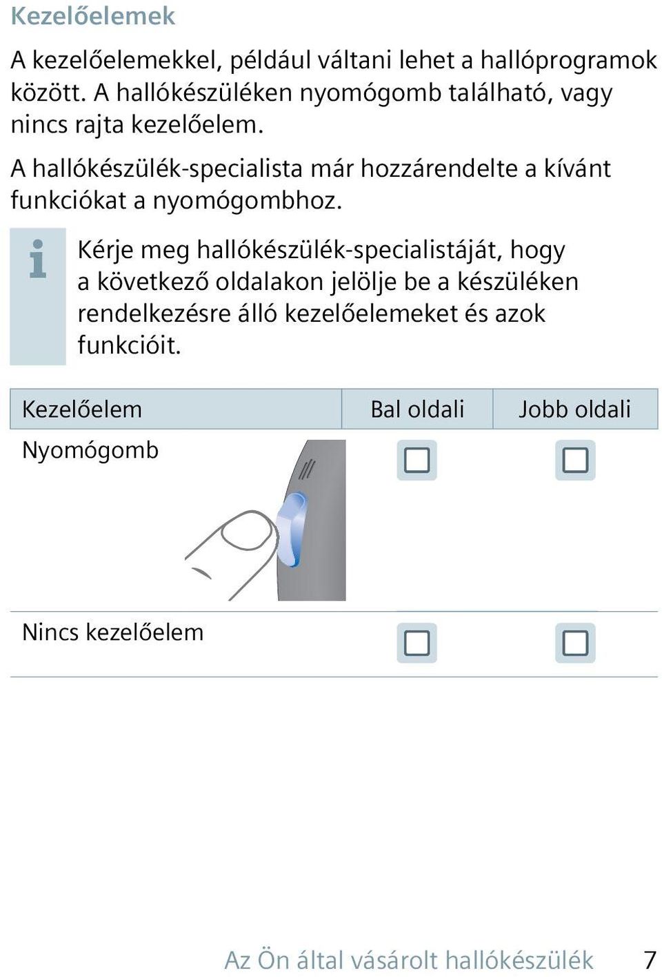 A hallókészülék-specialista már hozzárendelte a kívánt funkciókat a nyomógombhoz.