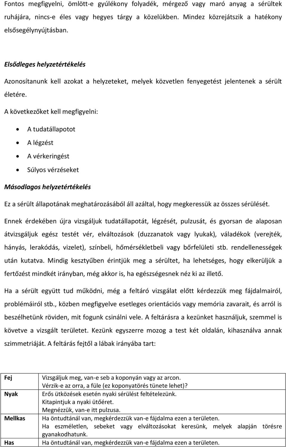 A következőket kell megfigyelni: A tudatállapotot A légzést A vérkeringést Súlyos vérzéseket Másodlagos helyzetértékelés Ez a sérült állapotának meghatározásából áll azáltal, hogy megkeressük az