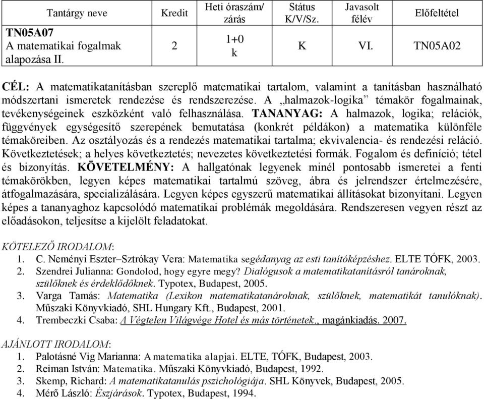 TANANYAG: A halmazo, logia; reláció, függvénye egységesítő szerepéne bemutatása (onrét példáon) a matematia ülönféle témaöreiben.