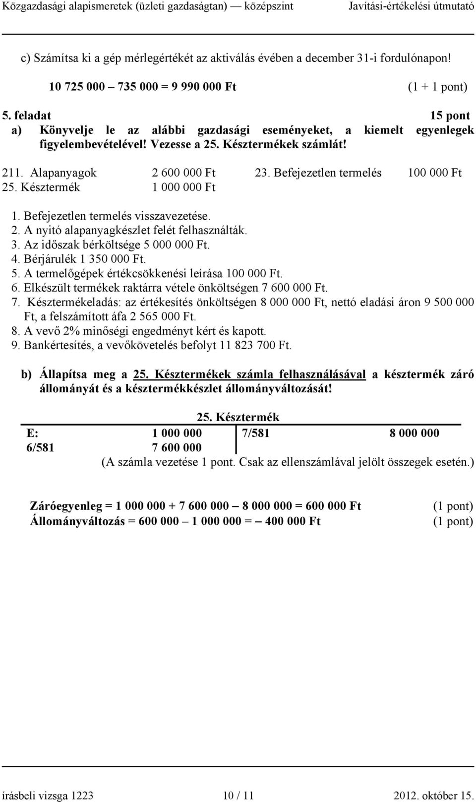 Befejezetlen termelés 100 000 Ft 25. Késztermék 1 000 000 Ft 1. Befejezetlen termelés visszavezetése. 2. A nyitó alapanyagkészlet felét felhasználták. 3. Az időszak bérköltsége 5 000 000 Ft. 4.