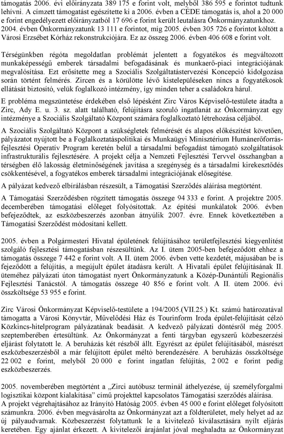 évben 305 726 e forintot költött a Városi Erzsébet Kórház rekonstrukciójára. Ez az összeg 2006. évben 406 608 e forint volt.