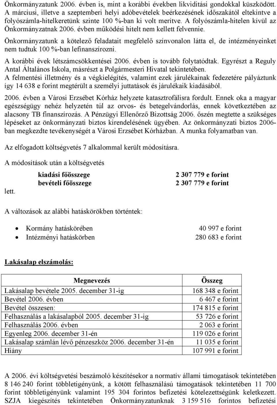 A folyószámla-hitelen kívül az Önkormányzatnak 2006. évben működési hitelt nem kellett felvennie.