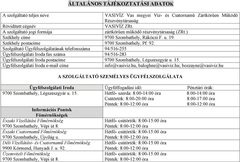 Szolgáltató Ügyfélszolgálatának telefonszáma 94/516-255 Ügyfélszolgálati Iroda fax száma 94/516-283 Ügyfélszolgálati Iroda postacíme 9700 Szombathely, Légszeszgyár u. 15.