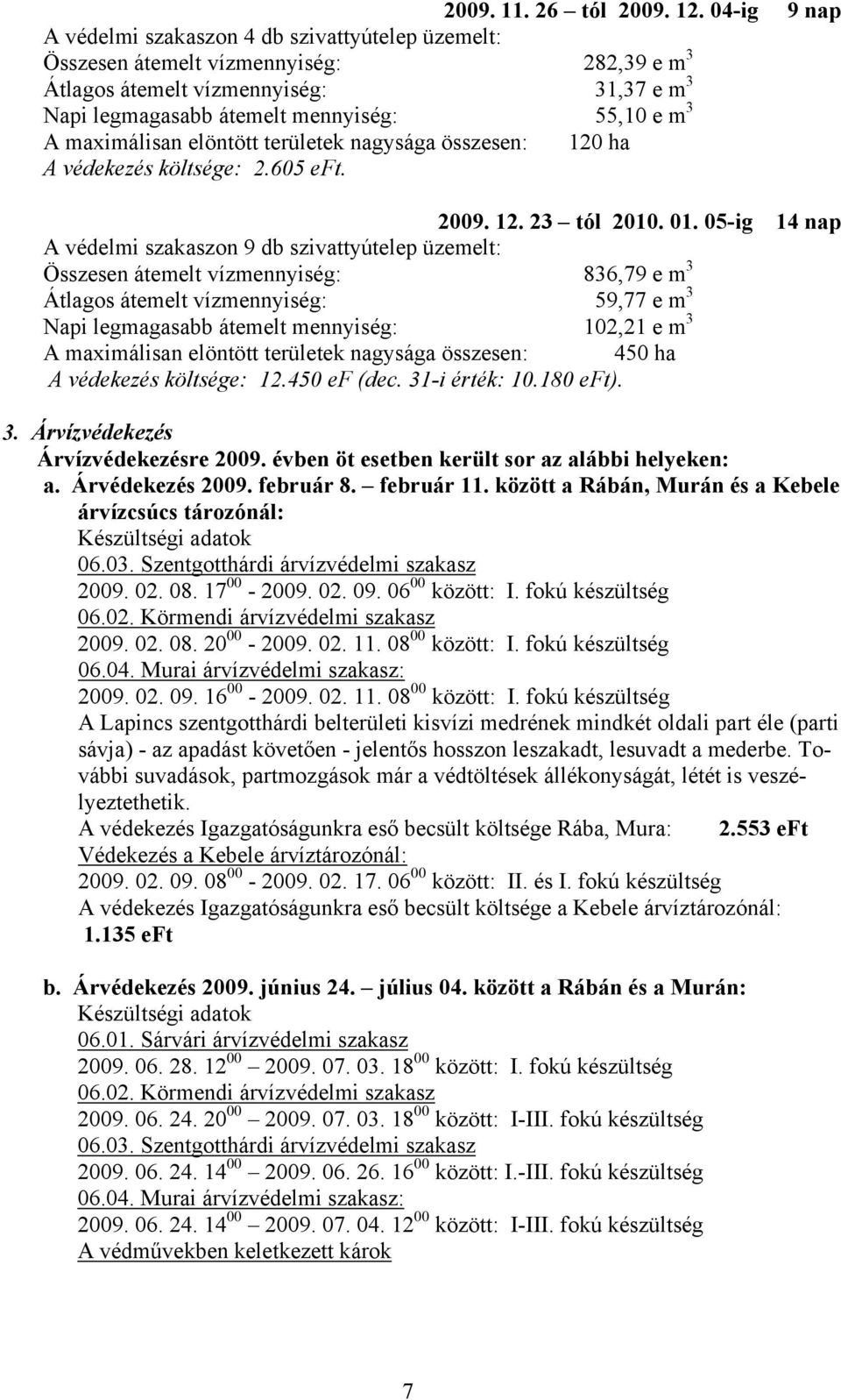 maximálisan elöntött területek nagysága összesen: 120 ha A védekezés költsége: 2.605 eft. 2009. 12. 23 tól 2010. 01.