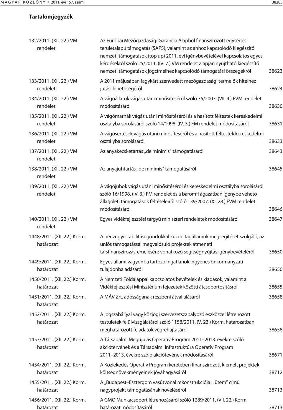 (XII. 22.) Korm. 1453/2011. (XII. 22.) Korm. 1454/2011. (XII. 22.) Korm. 1455/2011. (XII. 22.) Korm. 1456/2011. (XII. 22.) Korm. Az Európai Mezõgazdasági Garancia Alapból finanszírozott egységes területalapú támogatás (SAPS), valamint az ahhoz kapcsolódó kiegészítõ nemzeti támogatások (top up) 2011.