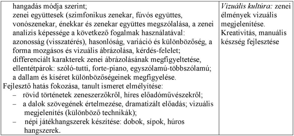 szóló-tutti, forte-piano, egyszólamú-többszólamú; a dallam és kíséret különbözőségeinek megfigyelése.