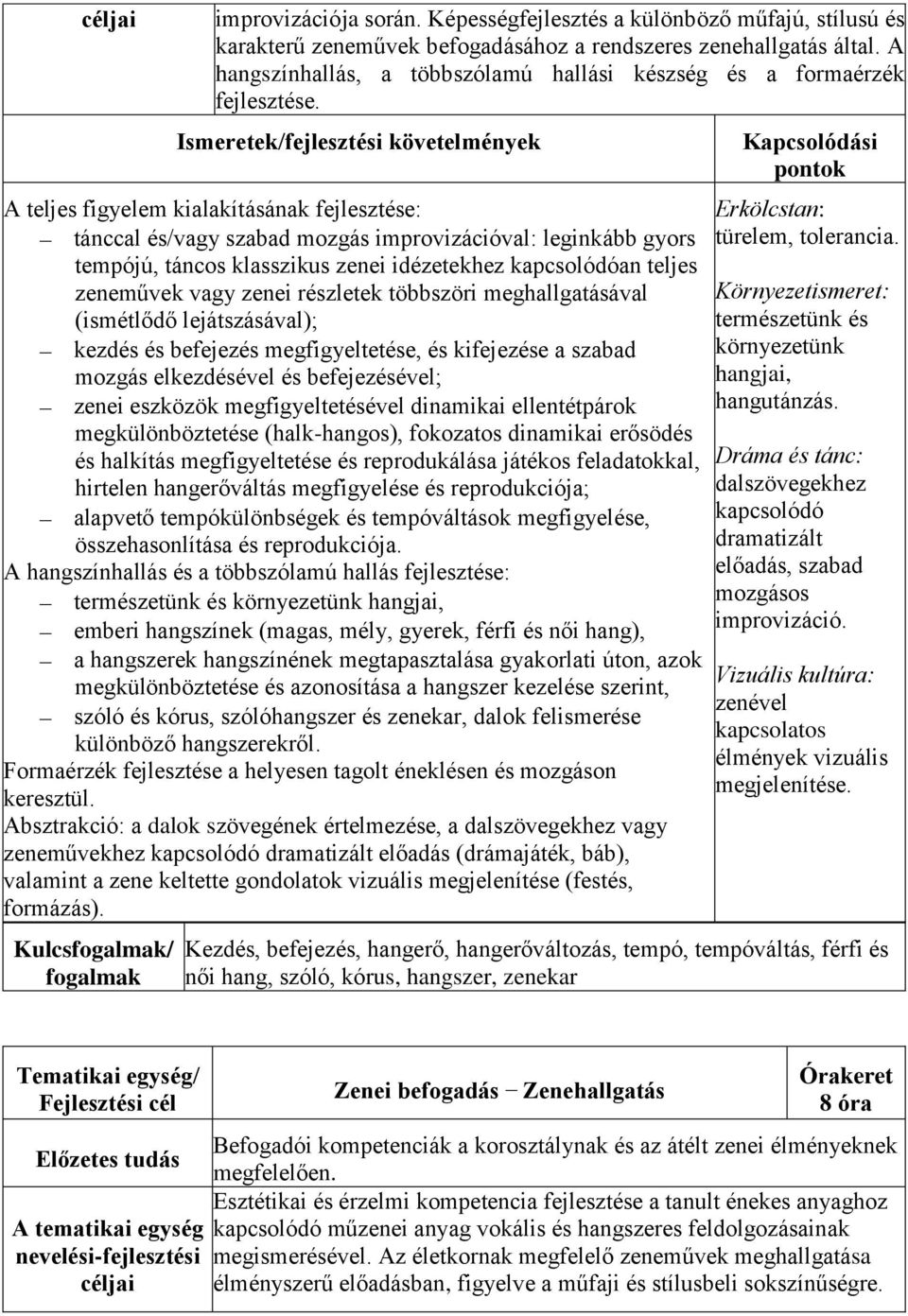 A teljes figyelem kialakításának fejlesztése: tánccal és/vagy szabad mozgás improvizációval: leginkább gyors tempójú, táncos klasszikus zenei idézetekhez kapcsolódóan teljes zeneművek vagy zenei