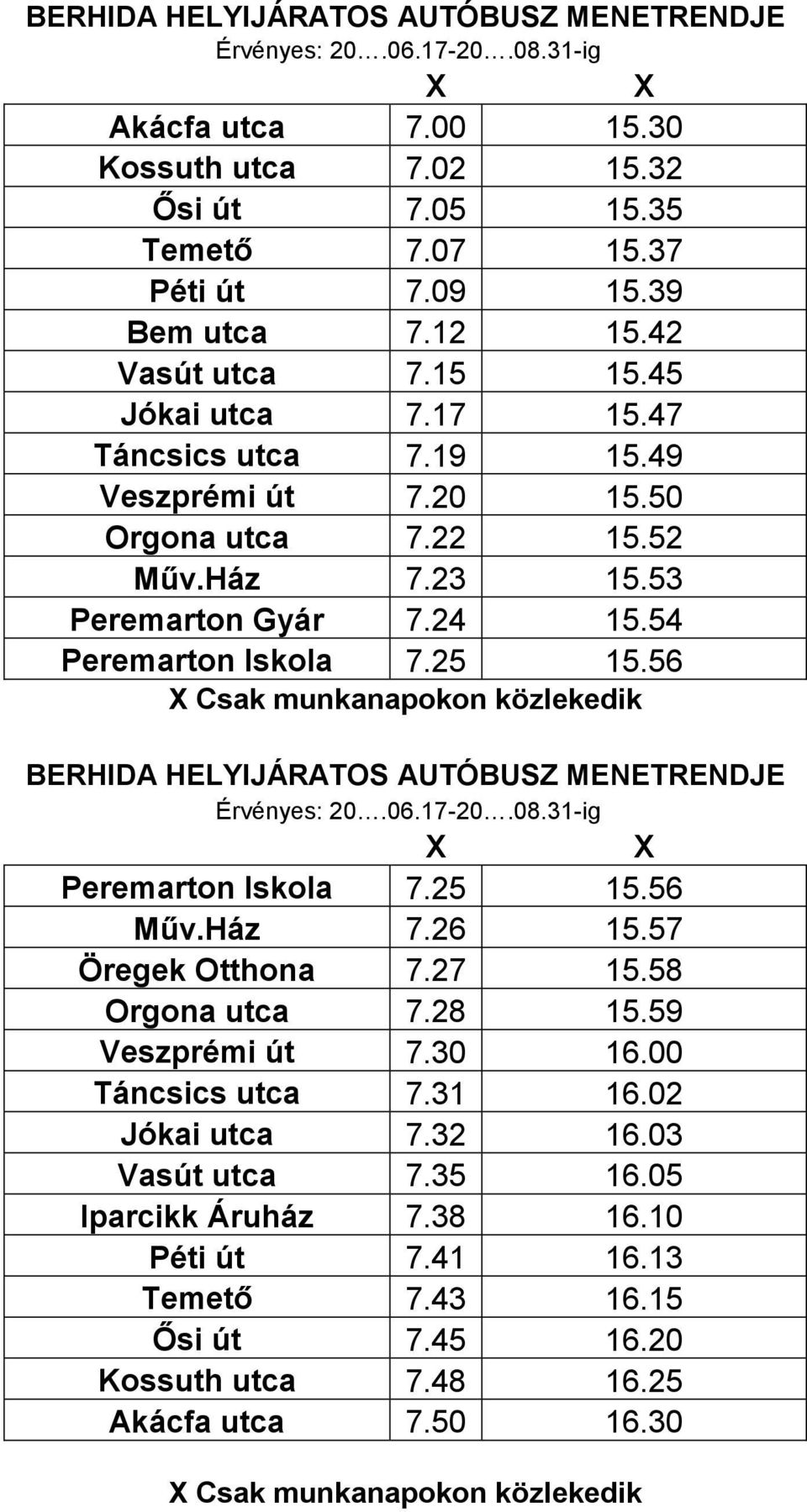 56 X Csak munkanapokon közlekedik BERHIDA HELYIJÁRATOS AUTÓBUSZ MENETRENDJE Érvényes: 20.06.17-20.08.31-ig X X Peremarton Iskola 7.25 15.56 Műv.Ház 7.26 15.57 Öregek Otthona 7.27 15.58 Orgona utca 7.