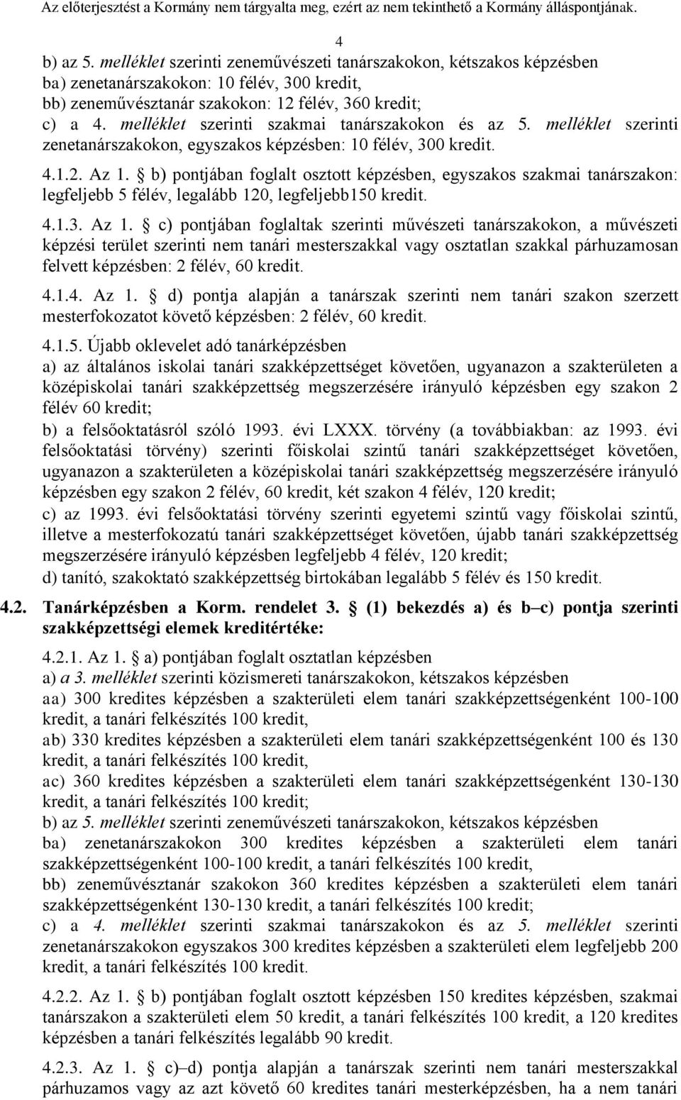 b) pontjában foglalt osztott képzésben, egyszakos szakmai tanárszakon: legfeljebb 5 félév, legalább 120, legfeljebb150 kredit. 4.1.3. Az 1.