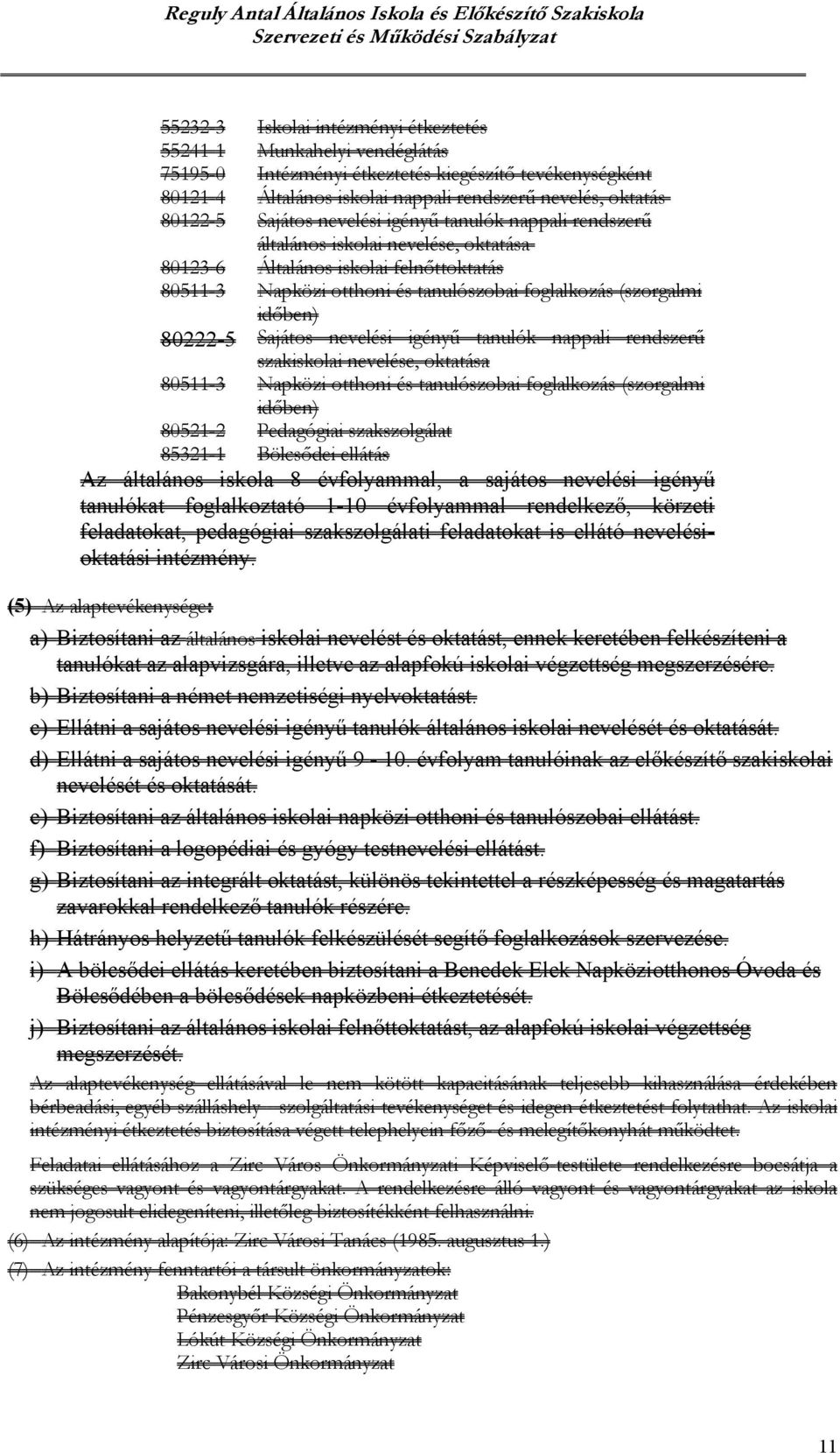 80222-5 Sajátos nevelési igényű tanulók nappali rendszerű szakiskolai nevelése, oktatása 80511-3 Napközi otthoni és tanulószobai foglalkozás (szorgalmi időben) 80521-2 Pedagógiai szakszolgálat