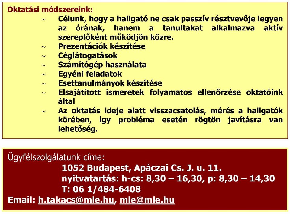 Prezentációk készítése Céglátogatások Számítógép használata Egyéni feladatok Esettanulmányok készítése Elsajátított ismeretek folyamatos ellenőrzése