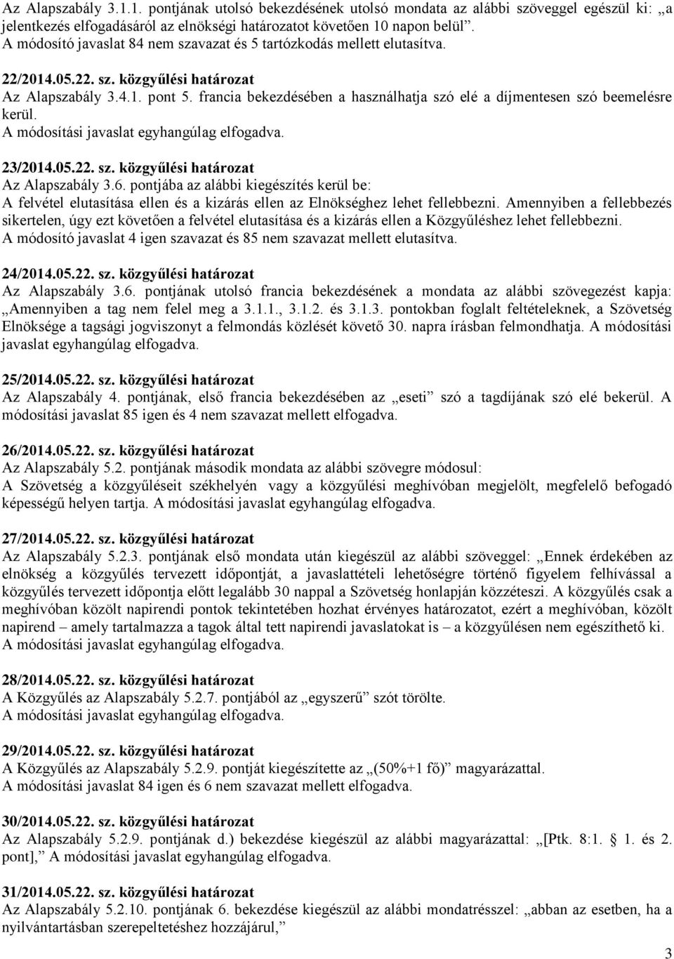 francia bekezdésében a használhatja szó elé a díjmentesen szó beemelésre kerül. A módosítási javaslat egyhangúlag elfogadva. 23/2014.05.22. sz. közgyűlési határozat Az Alapszabály 3.6.