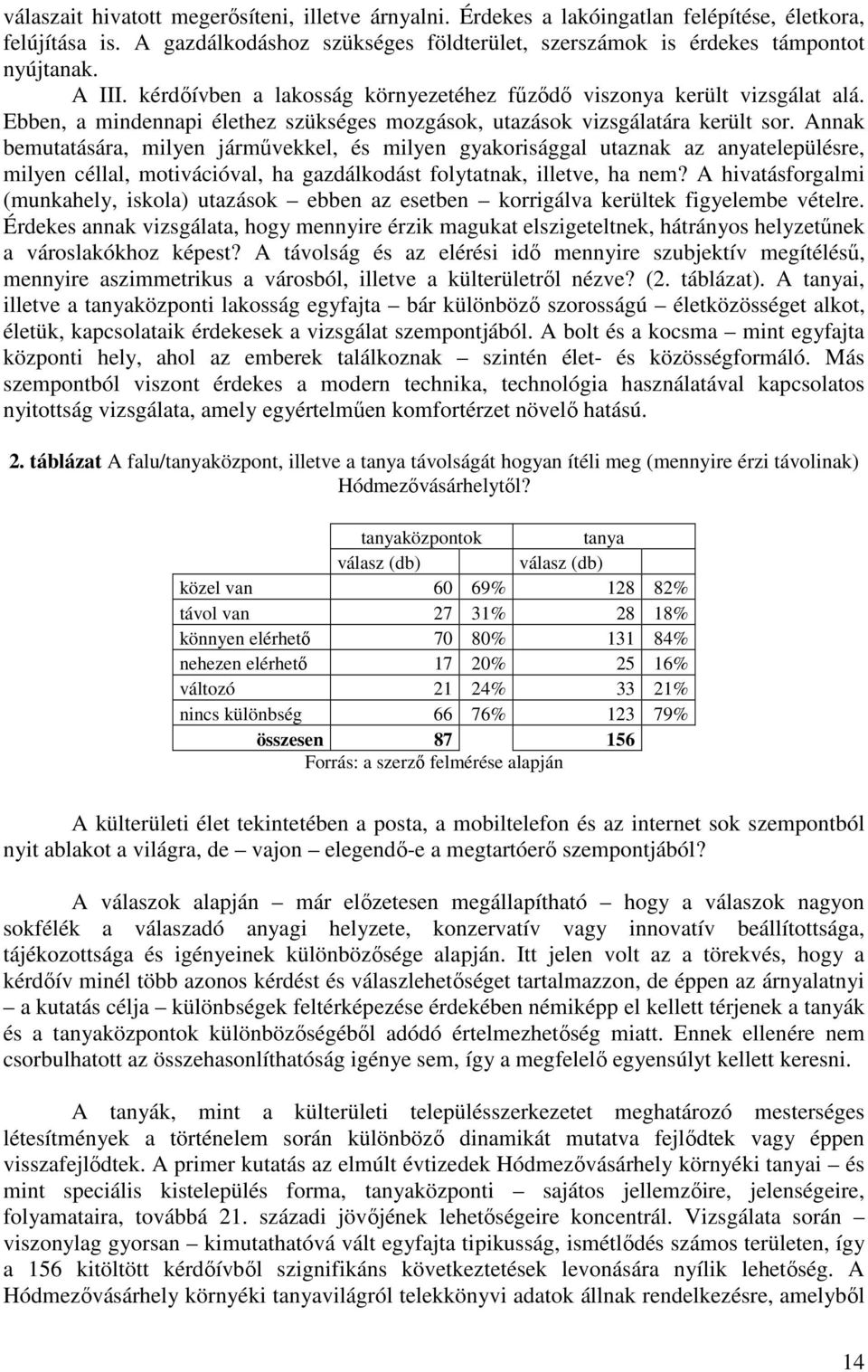 Annak bemutatására, milyen járművekkel, és milyen gyakorisággal utaznak az anyatelepülésre, milyen céllal, motivációval, ha gazdálkodást folytatnak, illetve, ha nem?