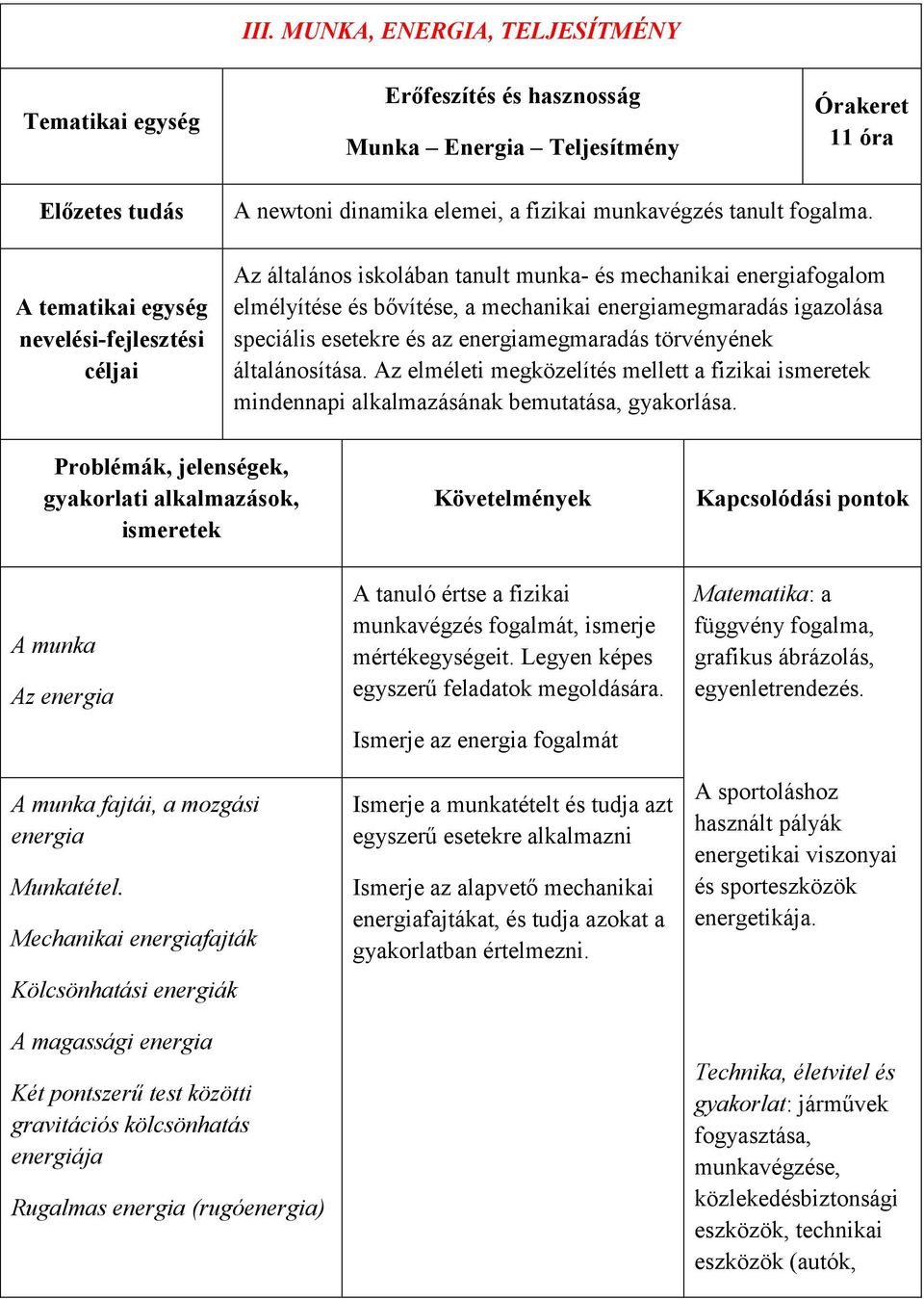 Az általános iskolában tanult munka- és mechanikai energiafogalom elmélyítése és bővítése, a mechanikai energiamegmaradás igazolása speciális esetekre és az energiamegmaradás törvényének