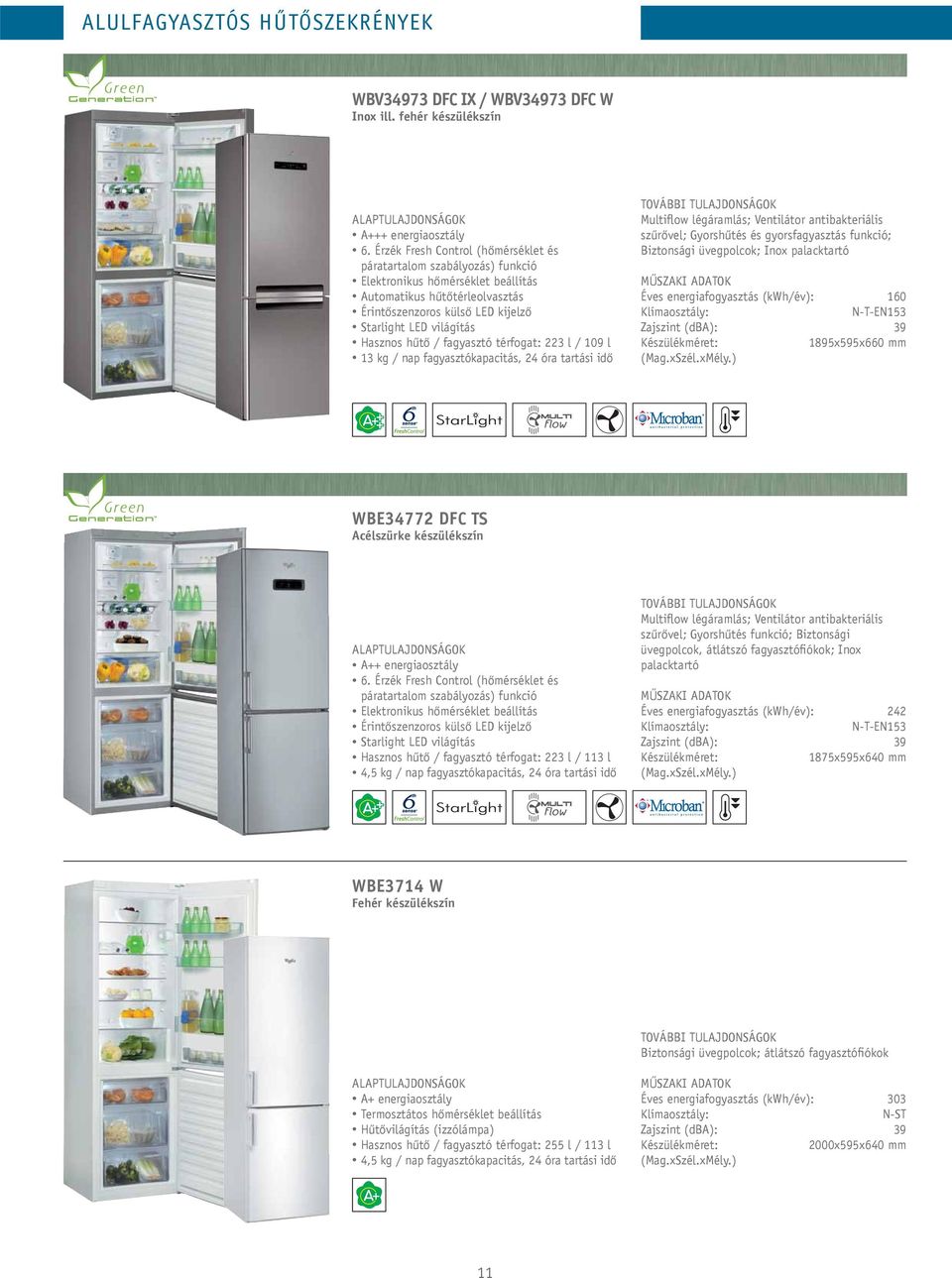 Hasznos hűtő / fagyasztó térfogat: 223 l / 109 l 13 kg / nap fagyasztókapacitás, 24 óra tartási idő Multiflow légáramlás; Ventilátor antibakteriális szűrővel; Gyorshűtés és gyorsfagyasztás funkció;