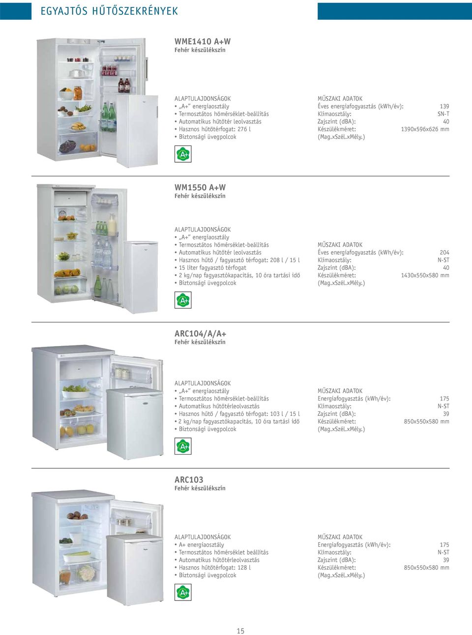 / fagyasztó térfogat: 208 l / 15 l 15 liter fagyasztó térfogat 2 kg/nap fagyasztókapacitás, 10 óra tartási idő Biztonsági üvegpolcok Éves energiafogyasztás (kwh/év): 204 N-ST Zajszint (dba): 40