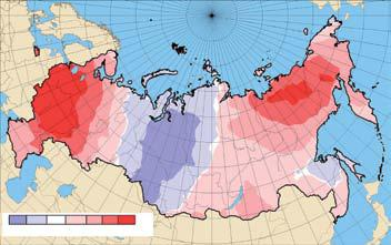 7. ábra: Hőmérsékleti anomáliák 2010 júliusában az Oroszországi Föderáció területén ( C) az 1961-1990-es átlaghoz viszonyítva (Forrás: Roshydromet (Orosz Hidrometeorológiai Szolgálat), Oroszországi