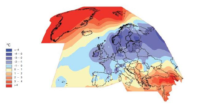 déken kívüli területeken. A mediterrán térségben is ez volt az eddigi legmelegebb év, Tunéziában a legutóbbi rekord meleg évhez hasonlóan alakultak a hőmérsékletek.