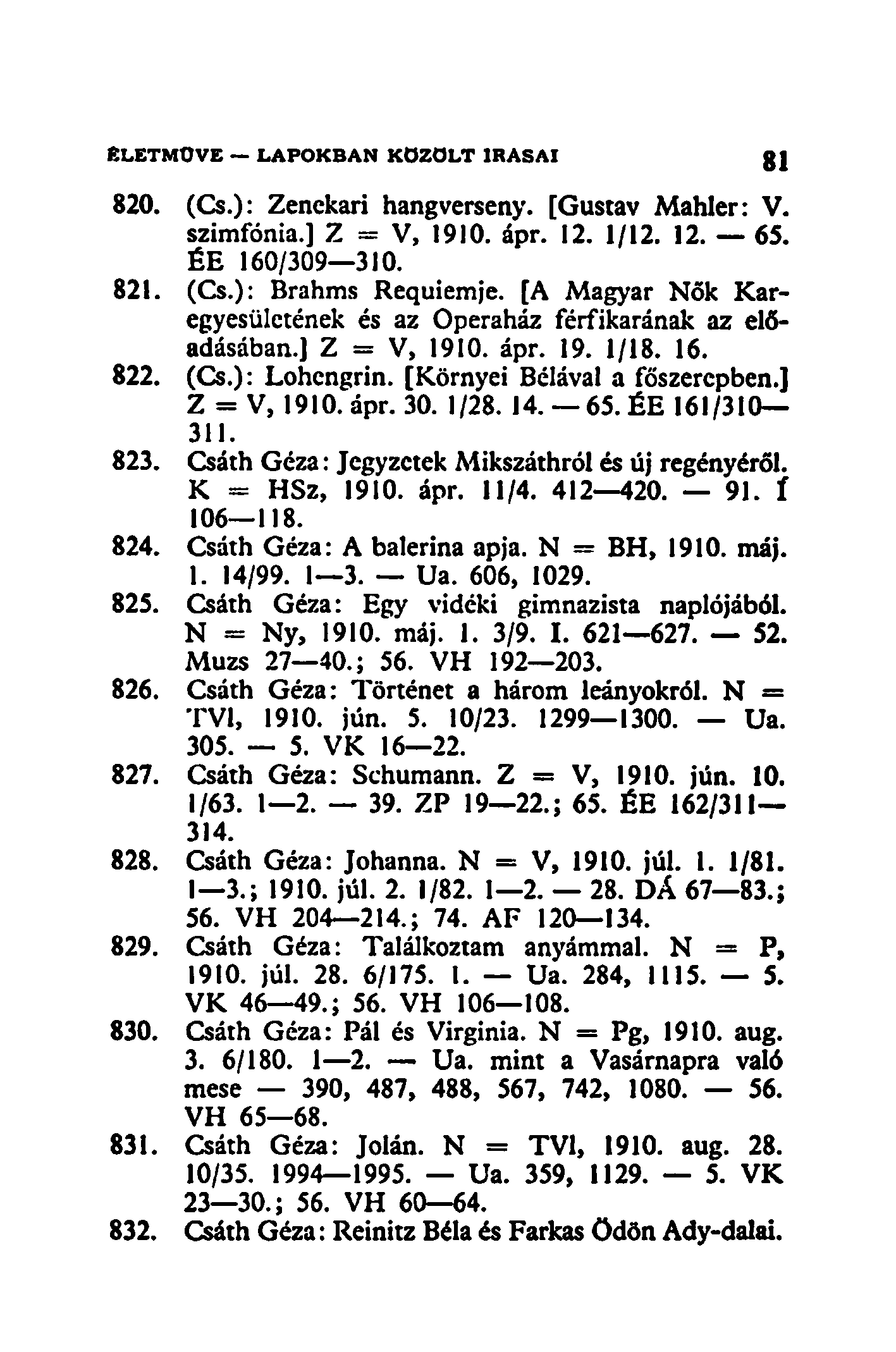 EL.ETMOVE LAPOKBAN KOZOLT ÍRÁSAI 820. (Cs.): Zenekari hangverseny. [Gustav Mahler: V. szimfónia.] Z = V, 1910. ápr. 12. 1/12. 12. 65. ÉE 160/309 310. 821. (Cs.): Brahms Requiemje.