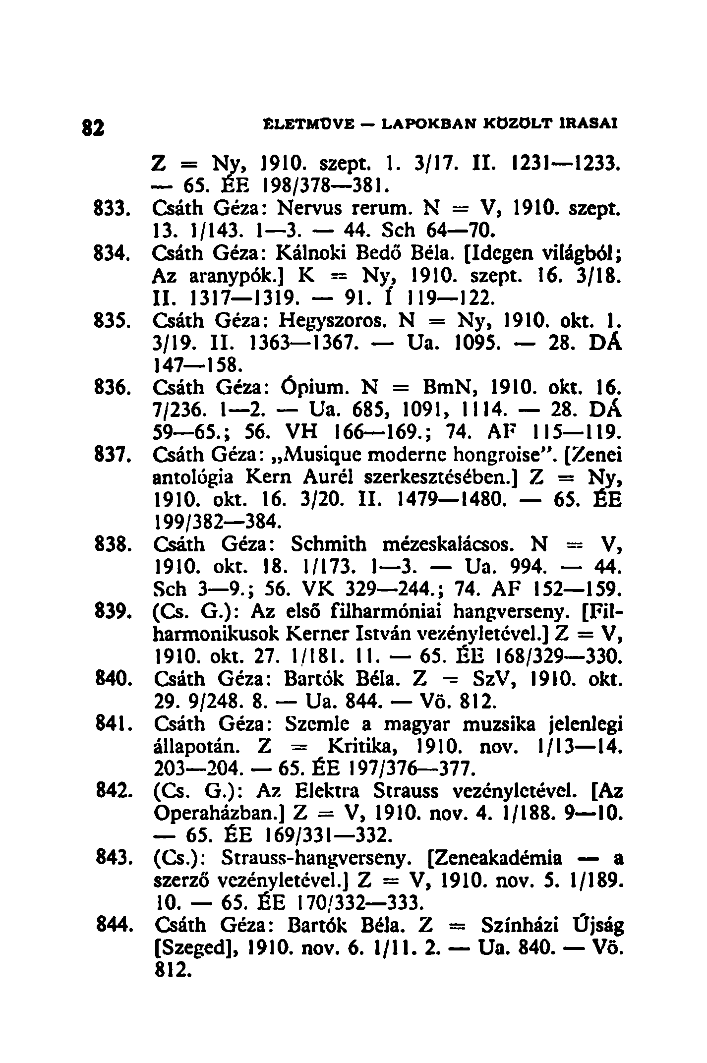 32 É L E T M Ű V E L A P O K B A N K Ö Z O L T ÍRÁSAI Z = Ny, 1910. szept. 1. 3/17. II. 1231 1233. 65. ÉE 198/378 381. 833. Csáth Géza: Nervus rerum. N = V, 1910. szept. 13. 1/143. 1 3. 44. Sch 64 70.