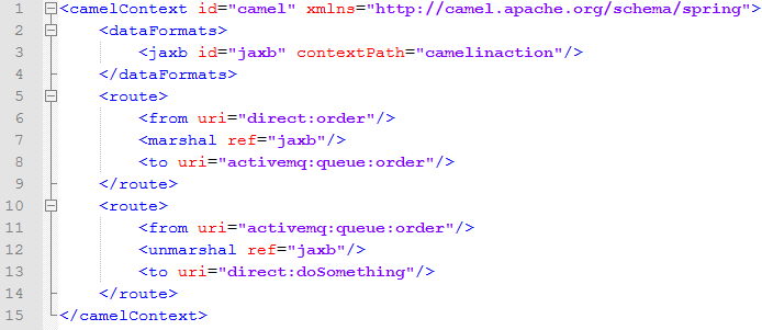 2.3.2.2. Adatátalakítás JAXB-vel A 3.6. ábrán látható hogyan használjuk a JAXB t routokban a PurchaseOrder objektum XMLbe való szerializálásához mielőtt egy JMS sorba küldenénk.