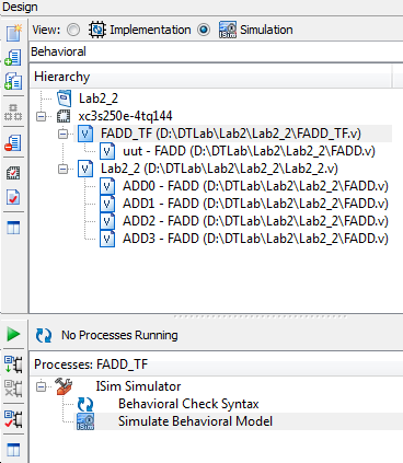 A Lab2_2 feladat lényegi része A szimuláció indítása Design ablakban FADD_TF kiválasztása Process ablakban Simulate
