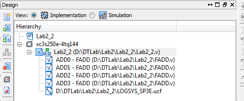 Lab2_2 feladat: teljes projekt A 4 FADD modul beépítésével a projekt hierarchia az implementációs nézetben a következő Lab2_2 top module 4 db FADD modul És a LOGSYS_SP3E.