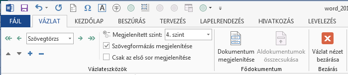 14 VÁZLATSZERKESZTÉS A kurzort tartalmazó bekezdést a legmagasabb (Címsor 1) hierarchiaszintre viszi. A kurzort tartalmazó bekezdést eggyel magasabb hierarchiaszintre viszi. Például 1.1.1-ről 1.1-re.