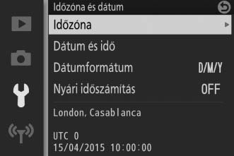 Időzóna és dátum Az időzóna-beállítás megváltoztatása, a fényképezőgép órájának beállítása, a dátum megjelenítési formátumának kiválasztása, valamint a nyári időszámítás be- és kikapcsolása (0 30).