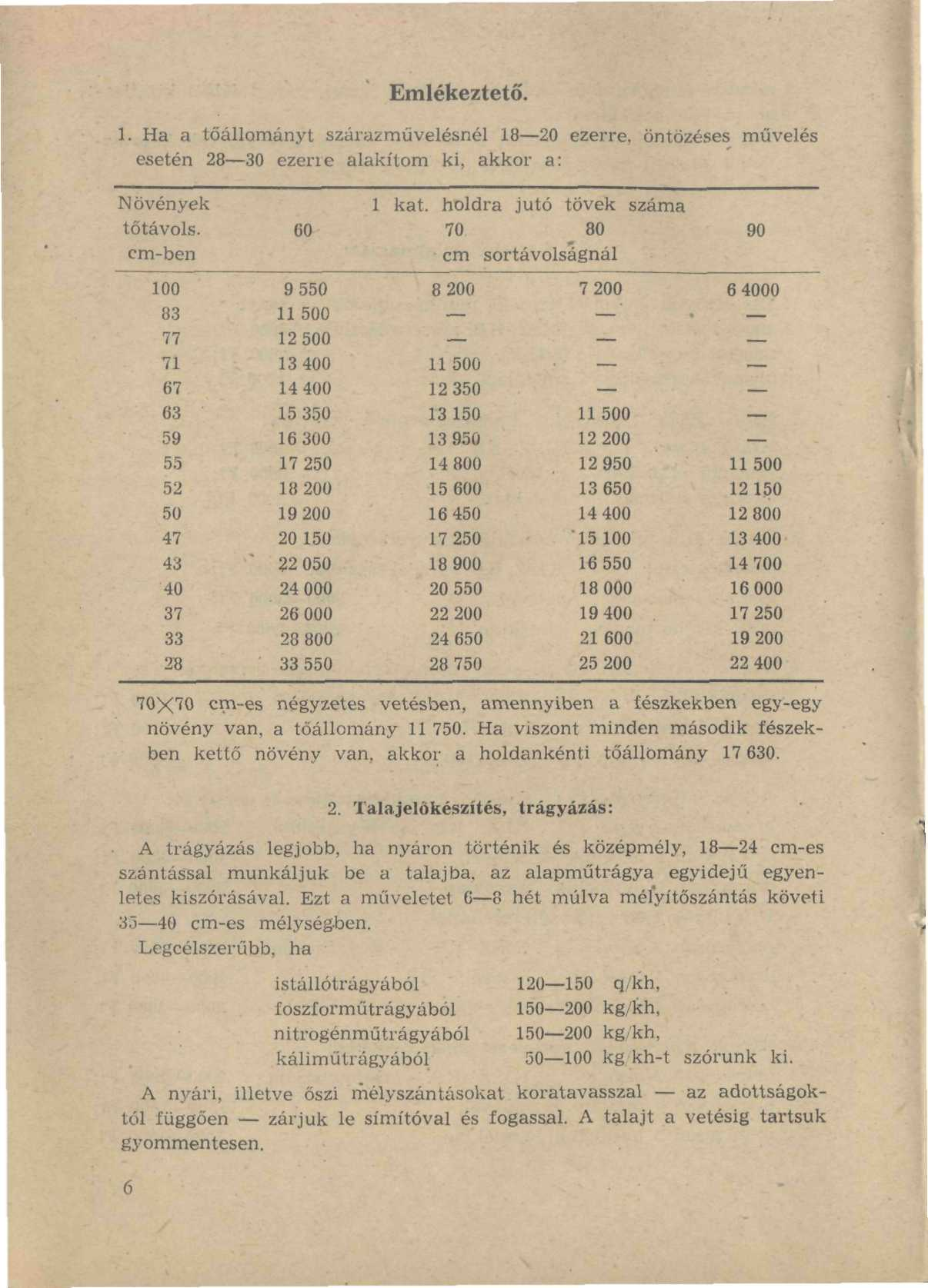 Emlékeztető. 1. Ha a tőállományt szárazmüvelésnél 18 20 ezerre, öntözéses művelés esetén 28 30 ezerie alakítom ki, akkor a: Növények tőtávols.