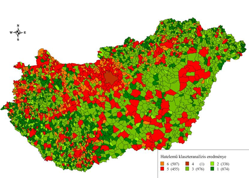 7.8. ábra A 6 elemű klaszteranalízis eredménye (Forrás: KSH adatok) A klaszteranalízis által mutatott kép határozottabban adja vissza a területi jellemzőket.