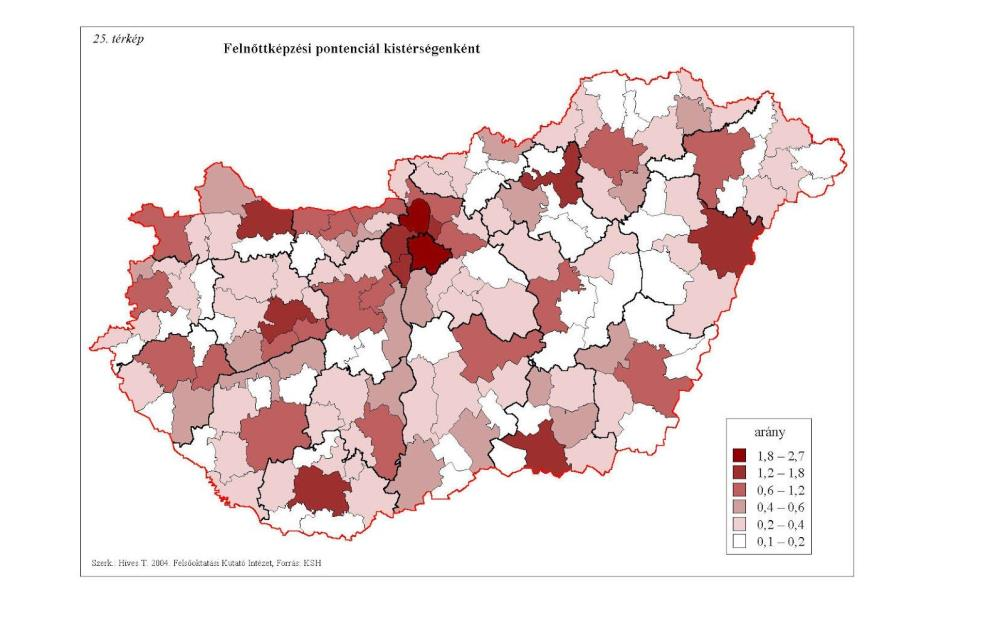 1.1. ábra Magyarország felnőttoktatási potenciálja (kistérségi népszámlálási adatok, 2001) (Forrás: Híves és mtsai, 2004) Híves és munkatársai (2004) a 2001-es népszámlálás adatai alapján a