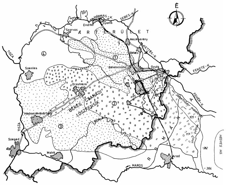 2. ábra. A Maros hordalékkúpjának részei Andó (In: Baranyó, G. 1986) szerint (1. ÉK-i (Békési sík) rész, 2. Központi rész, 3. NY-i (Csongrádi sík) rész, 4.