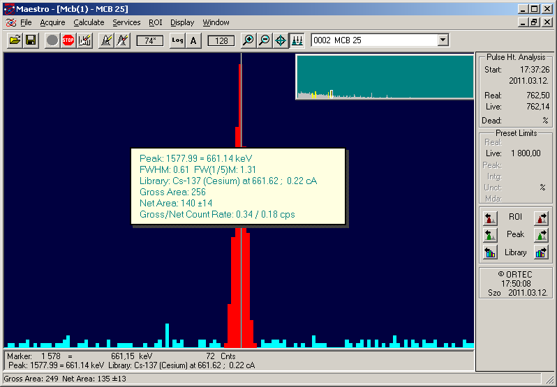 14. ábra: A méréshez használt szoftver csatornaszám energia kalibrációja hitelesített etalonforrások segítségével A mérést követően a Maestro programmal kijelölhető az adott izotóphoz tartozó (Cs-137