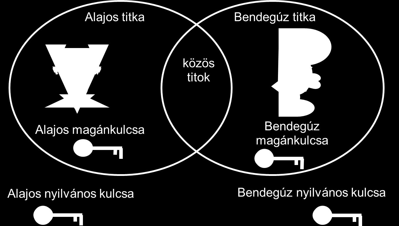 Aszimmetrikus kulcsú kódolás Minden résztvevőnek van két kulcsa: magánkulcs (csak ő ismeri), nyilvános kulcs (bárki megismerheti) A két kulcs szorosan