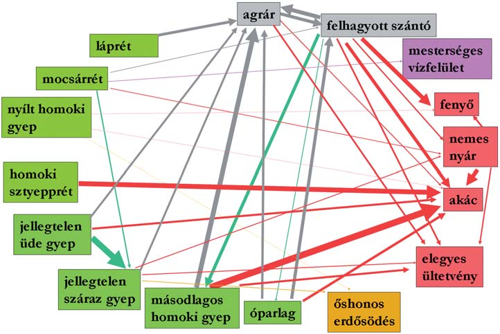 Száraz homoki élőhelyek a Duna Tisza közén a 18. századtól napjainkig 413 11. ábra. Az élőhelyek átalakulásának irányai a nyolc kiválasztott homokhátsági kvadrát területén belül.