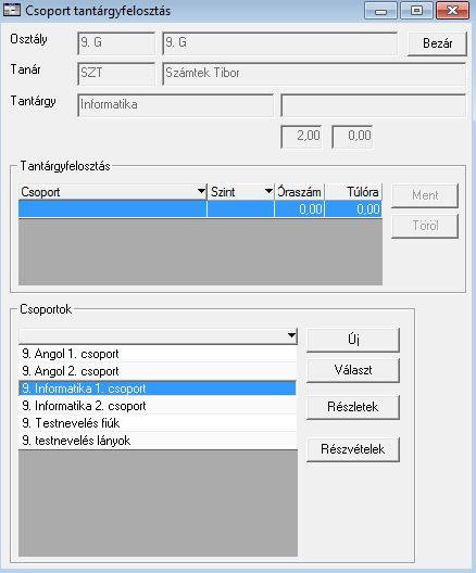 5. A dialógus Csoportok listája mutatja az osztályhoz rendelt csoportokat. Mivel az Informatikát más csoportokban tanítja a tanár, vegyen fel két új csoportot, kattintson az Új gombra.