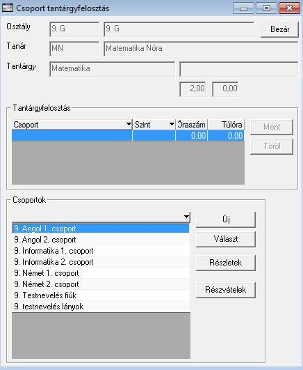 Osztálybontás megadása a Tanulócsoport dialóguson Tételezzük fel, hogy Számtek Tibor Történelem korrepetációt tart a 9.G és 9.SZ osztály tagjaiból alakított csoportnak. 1.